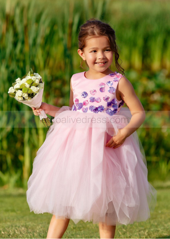 Cute Handmade Flowers Pink Satin Tulle Ruffled Flower Girl Dress